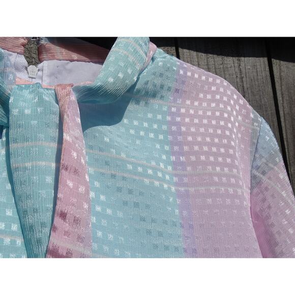 Vtg 80s Algo Pastel Plaid Stripe Midi Dress Tie Collar Retro New Wave Aesthetic - Picture 5 of 9